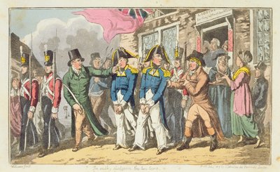 刑務所に送られる2人の海軍将校、ジョン・ミットフォード（1782-1831）1818による「海軍のジョニーニューカムの冒険」のプレート 作： Charles Williams